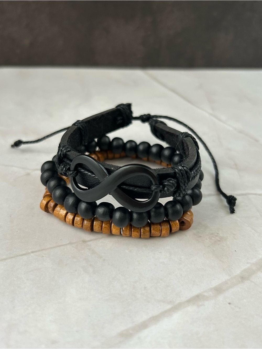 Men's Black and Brown Infinity Bead Bracelet Set